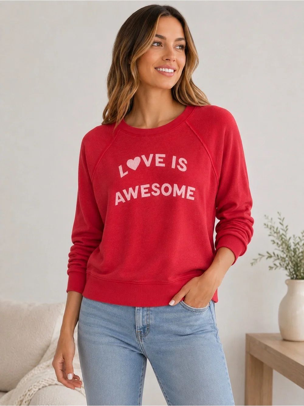 Sundry Raglan Sweatshirt Awesome NWT Size 1/Small FLARE RED “Love is Awesome”
